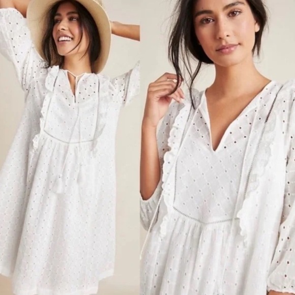 New Anthropologie Thames White Eyelet Cotton Boho Romantic Mini Dress Size 4 - Picture 4 of 10